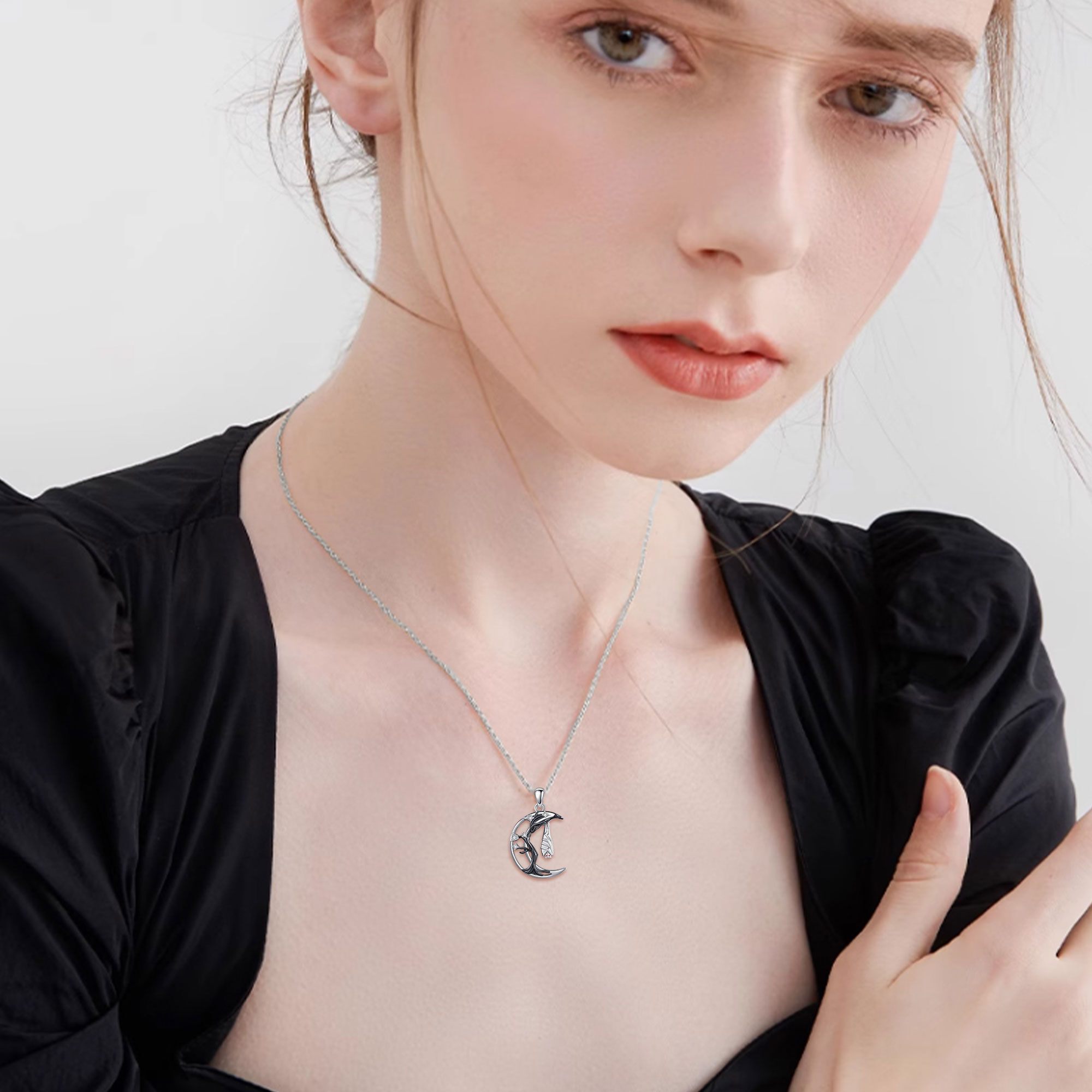 Sterling Silver Bat Moon Pendant Necklace Gothic Halloween Jewelry